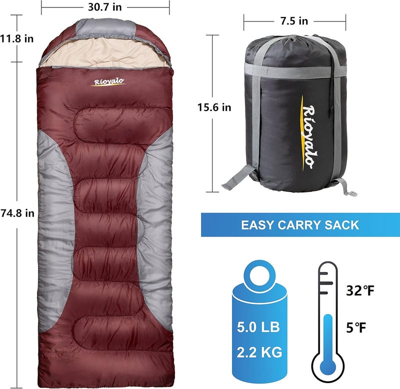 rioyalo 0 Degree Winter Sleeping Bags for Adults Camping (450GSM) - Temp Range (5F–32F) Portable Waterproof Compression Sack- Camping Sleeping Bags for Big and Tall in Env Hoodie: Backpacking Hiking 4 Season - Image 2